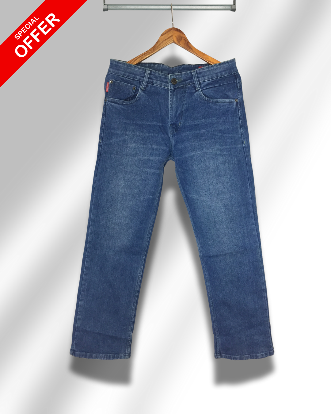 Men’s Blue Mid-Rise Straight Fit Stretch Jeans – Classic Everyday Comfort