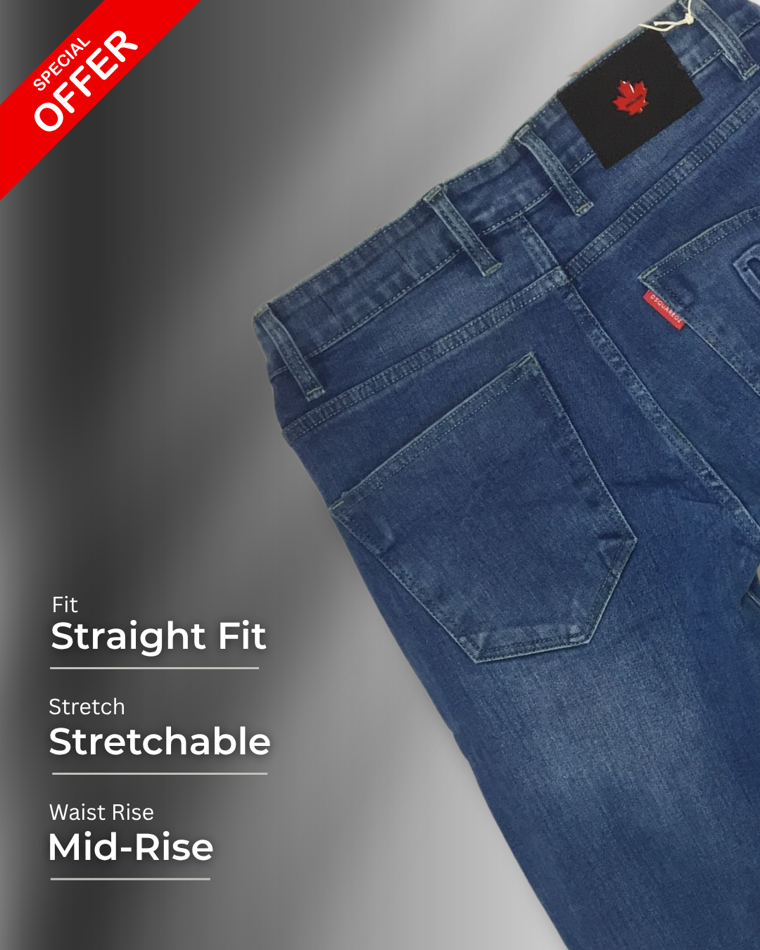 Men’s Blue Mid-Rise Straight Fit Stretch Jeans – Classic Everyday Comfort